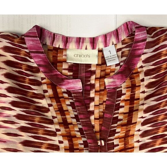 CHICO'S Ikat Tunic Top Semi-Sheer  3/4 Sleeve Button Blouse - Size 1 Small - Picture 5 of 11